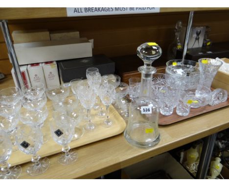 A heavy quality etched glass bell-shaped decanter &amp; a quantity of drinking glasses &amp; cut glass bowls etc