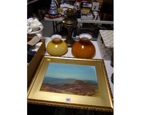 Acrylic painting - landscape scene & an oil lamp with two shades
