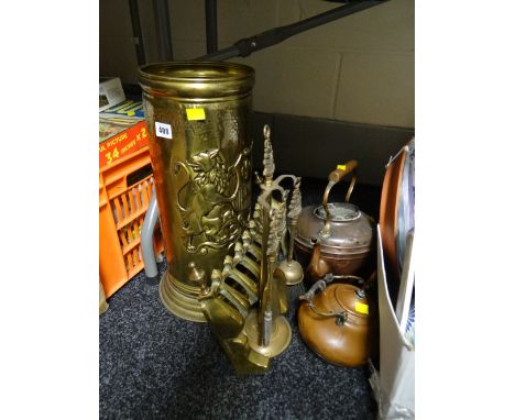 Brass effect umbrella / stick stand, copper teapot etc