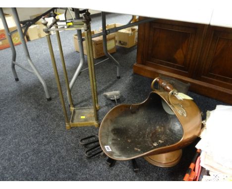 A brass stick stand & sundry fireside metalware including copper scuttle