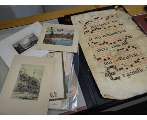 An interesting medieval-style illuminated manuscript or similar, possibly on vellum, together with sundry prints & sheet musi