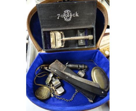 An interesting parcel of gentlemen's items including a brass snuff box engraved with 'John Willing, Ponthir, December 1897', 