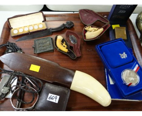 A parcel of collectables & jewellery including pipes, letter openers, cigarette lighter etc