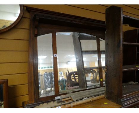 Three sectioned mahogany framed overmantel mirror with top shelf