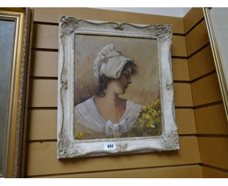 Framed oil on canvas - portrait of a bonneted lady with flowers, signed PARK, dated 1908