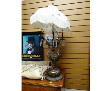 An elaborate metallic & marble drop lustre table lamp & shade E/T