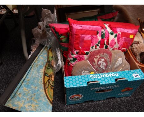 Box containing three cushion framed prints together with tapestry frame etc