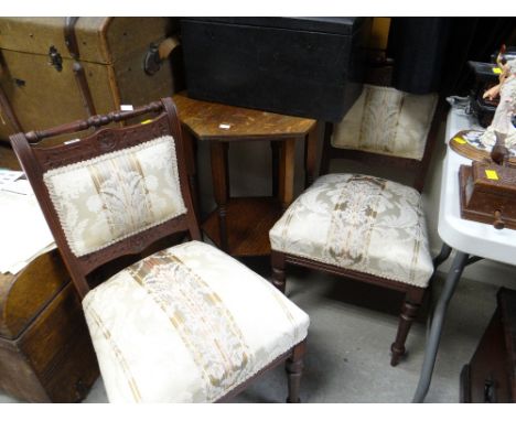 Two Edwardian cushioned hall / dining chairs together with a vintage oak octagonal top side table with lower shelf