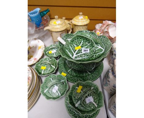 Portuguese pottery 'Cabbage Leaf' soup service together with a five-piece Staffordshire 'Croft Cottage' tea & coffee set