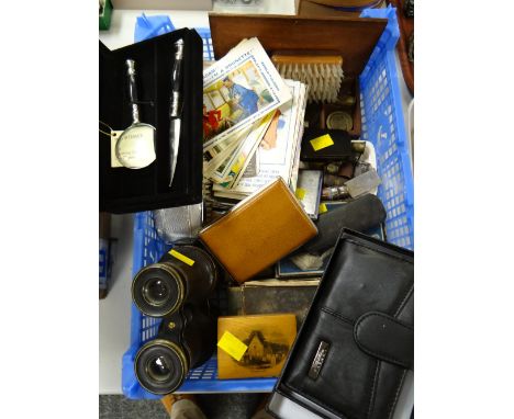 A good parcel of small collectables including trench art paper knife, pocket scales, vintage Bamforth & other comic postcards