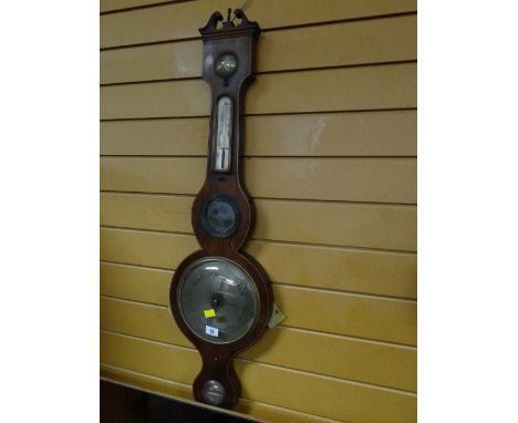 An antique mahogany & inlaid banjo barometer thermometer by D. Mafia of Monmouth
