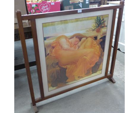 A mahogany firescreen, inset with Pre-Raphaelite print 