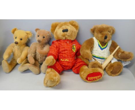 Four Teddy bears; two Bainbridge bears, a Ferrari Scuda bear and a Cricketer Canterbury bear 