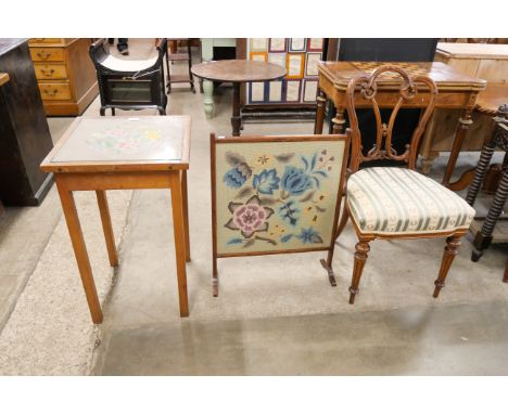 A tapestry topped occasional table, embroidered firescreen and a Victorian walnut chair 