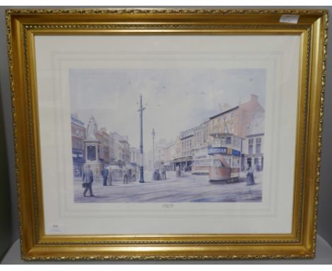 A Nottingham print, Angel Row, and two other pictures 