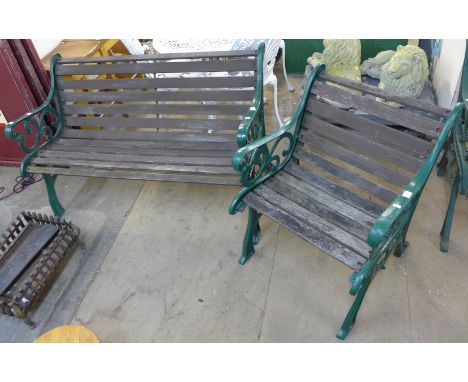 A cast iron ended garden bench and chair
