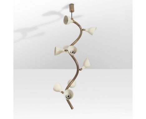Una lampada a sospensione, anni '50 Ottone ed alluminio laccato. Altezza cm. 105. An hanging lamp 1950 Grass and laquered all