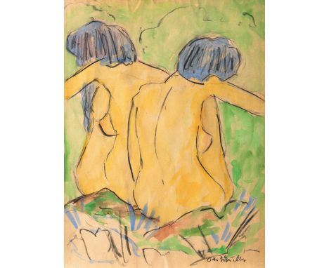 Otto Mueller, Zwei sitzende Mädchen in Rückenansicht, AquarellOtto Mueller, (1874-1930)Zwei sitzende Mädchen in Rückenansicht