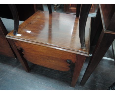 An early 19th century mahogany commode stool frame having square block top on tapered legs and a Victorian stained frame bedr