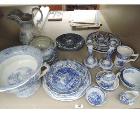 A selection of blue and white including 19th century ewer and tazza, and later including various Spode and Imari plates etc