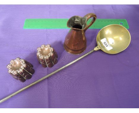 A Georgian design brass and iron handle ladle and a pair of miniature 19th century jelly moulds and miniature copper jug