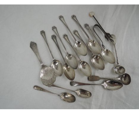 A selection of HM silver spoons etc  including caddy, salt and Georgian