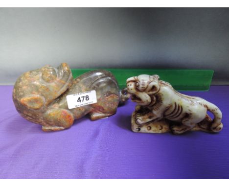 Two jade/hardstone figures modelled as a lion and as a carved Pixou