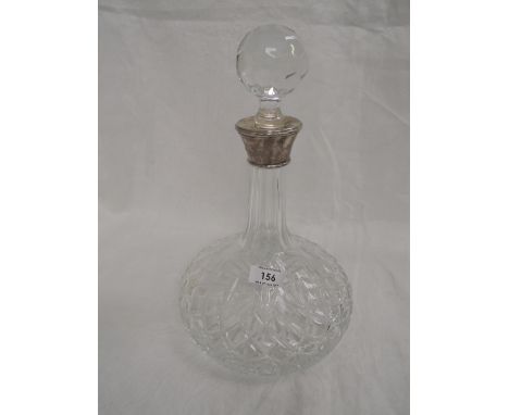 A modern cut glass ships decanter having a silver collar, Birmingham 2008, Laurence R Watson & Co