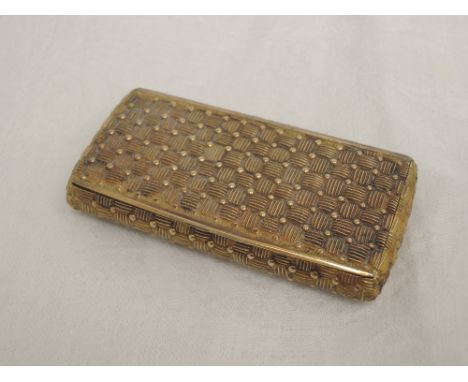A Georgian silver gilt snuff box having moulded woven style decoration and hinged lid, London 1804, John Reily