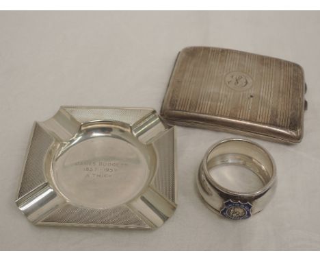 An HM silver cigarette case, Mappin & Webb ash tray and napkin ring,  approx 200g