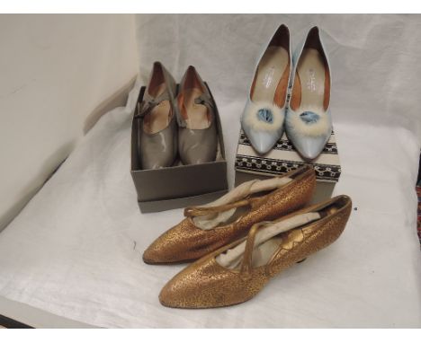 Five pairs of lady's vintage shoes including Norvic having button fastening and gold printed decoration, Lotus court shoes an