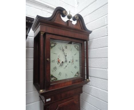 A late 18th/early 19th century longcase clock having swan neck, pillar hood containing square painted face and 8 day movement