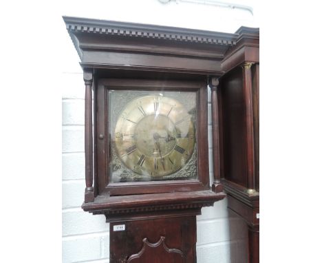 An 18th century stained frame longcase clock having square pillar hood containing brass face and 30 hour movement by Barber, 