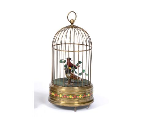 A Small Double Singing Birds-In-Cage, By Karl Griesbaum, post-war model, with perched red bird and lower yellow, foliage, gre