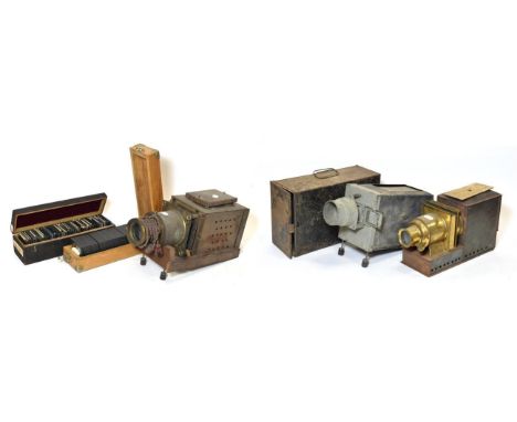 Magic Lanterns three examples (a.f) together with two boxes of photographic glass slides 
