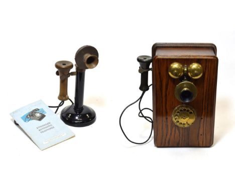 Wall Mounted Telephone with Bakelite ear piece, brass dial and external bells; together with a Candlestick telephone (repaint