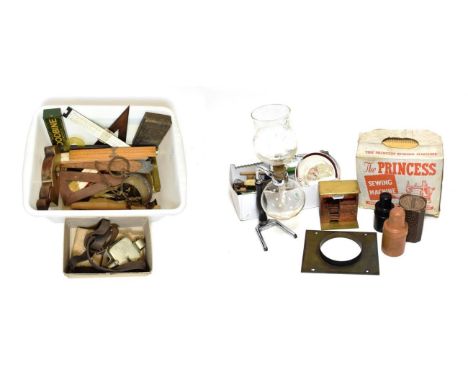 Various Items including brass body shoulder plane, rules and a slide rule, scales, a set of dominoes and other items (qty)