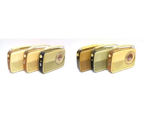 A Selection Of Six Bush First-Generation Transistor Radios: TR82D in cream and brown; TR82C in dark blue and light green; VTR