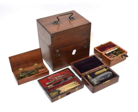 Medical Items including a small electric shock machine, suction pump, scalpel set and hand scale (in mahogany case) and a emp