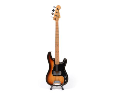 Fender Precision Bass sunburst finish, black scratchplate, maple neck, off-set pickup, two control knobs, serial number on he