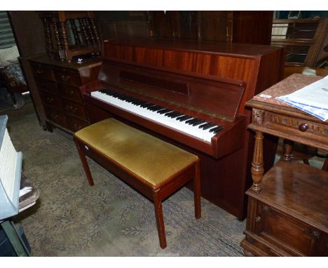 An upright matt Mahogany cased Model Rondo piano by Fuchs & Mohr having a 6 1/4" octave keyboard and overstrung mechanism, se