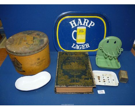 A quantity of miscellanea including large 'Riley's Variety Toffee' tin, 'harp Lager' beer tray, 'Sears Family Instructor' box