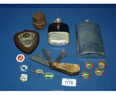 A small quantity of miscellanea including 1/8 pint hip flask by James Dixon & Son, Borwick Flean Bleeder surgical knife, smal