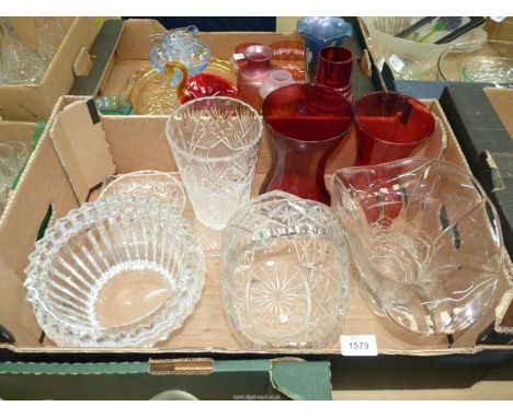 A small quantity of glass including cut glass vase, vase with rose design, cut glass basket vase, large heavy fruit bowl, tri