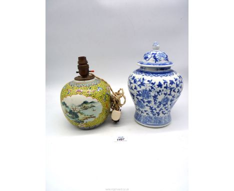 An oriental style ginger jar and an oriental ginger jar base converted to a lamp.