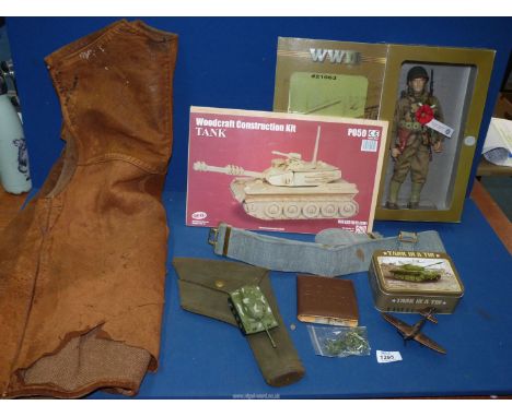 A quantity of military memorabilia including boxed 5th US Army Rangers Sergeant 'Happy' Bell 1/6 scale figure. leather waistc