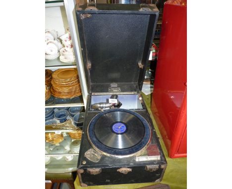 An antique Decca Salon record player in black case, pat nos. 5650/23 33346/28.