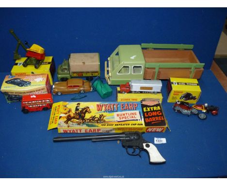 A small quantity of toy cars including battery operated Rolls Royce, 1950's army wagon, vintage wooden lorry with original bo