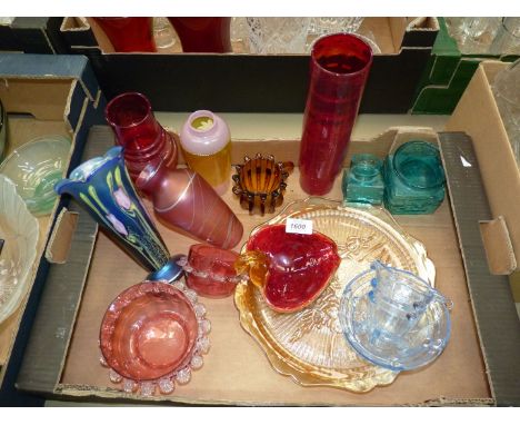 An Okra glass vase and other coloured glass vases, swan trinket dish, glass tray, coloured sugar bowl and milk jug and two cr