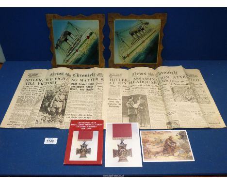 Two WWII New Chronicle papers, a pack of centenary year Royal Army Medical Corps Victoria Cross postcards (1898 -1998) and tw